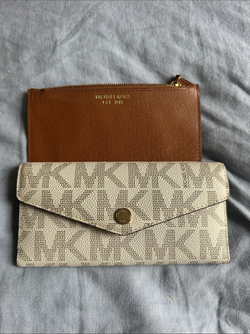Michael Kors Tan Leather Zip Pouch with Beige MK Monogram Envelope Wallet
